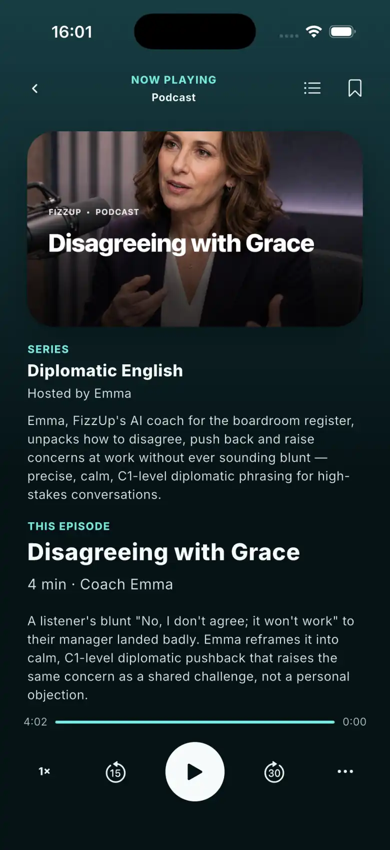The FizzUp podcast player: the Diplomatic English series hosted by Emma, episode Disagreeing with Grace