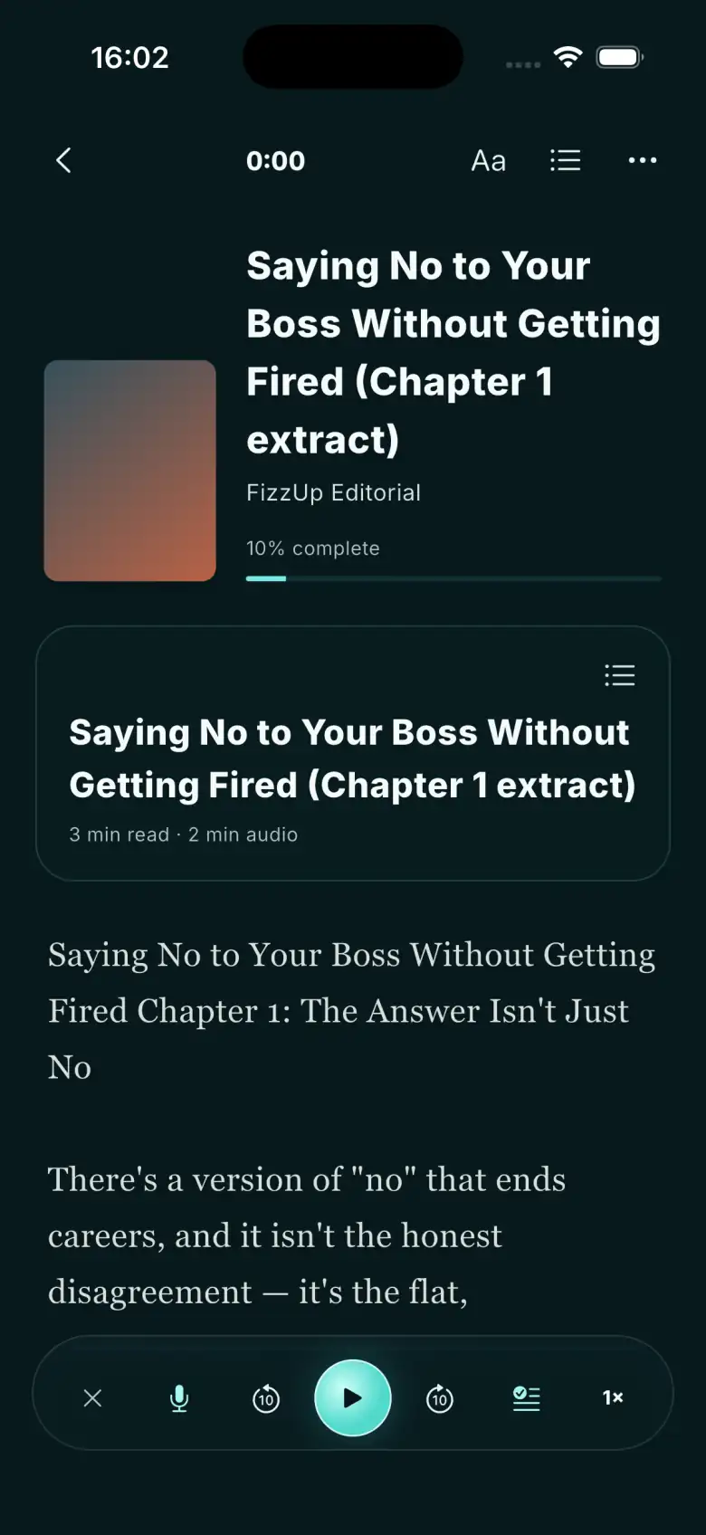 The FizzUp book reader: a chapter extract, “Saying No to Your Boss Without Getting Fired”, with a progress bar, 3 min read and 2 min audio, with a player and a 1× speed button at the bottom