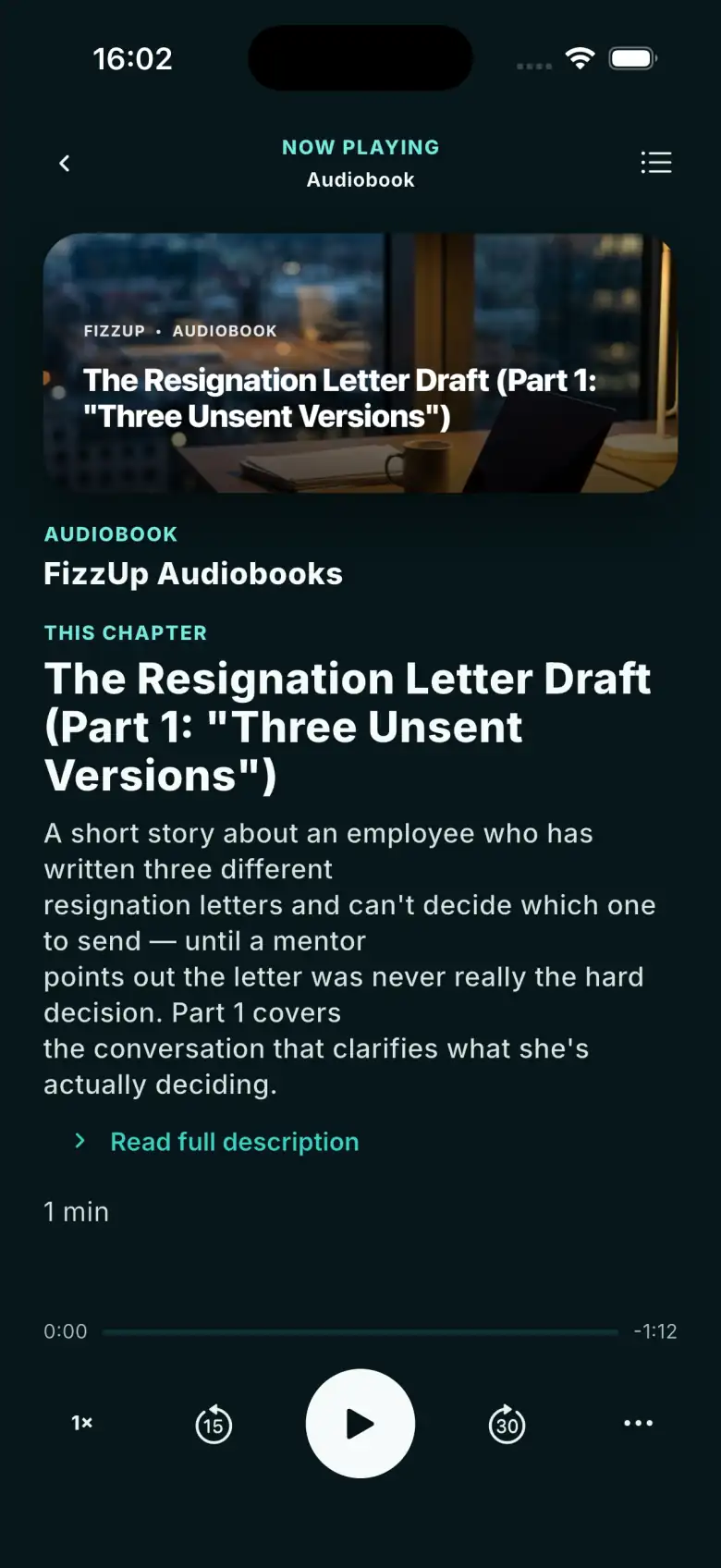 The FizzUp audiobook player: the chapter “The Resignation Letter Draft”, its description and the playback controls