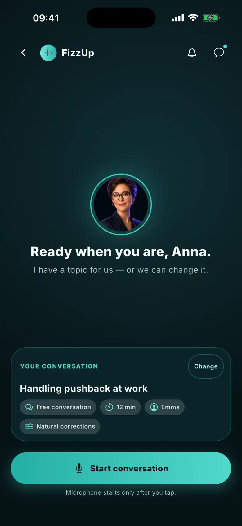The FizzUp screen before a conversation: Emma, an AI coach, “I have a topic for us — or we can change it”, a Handling pushback at work card and a Start conversation button