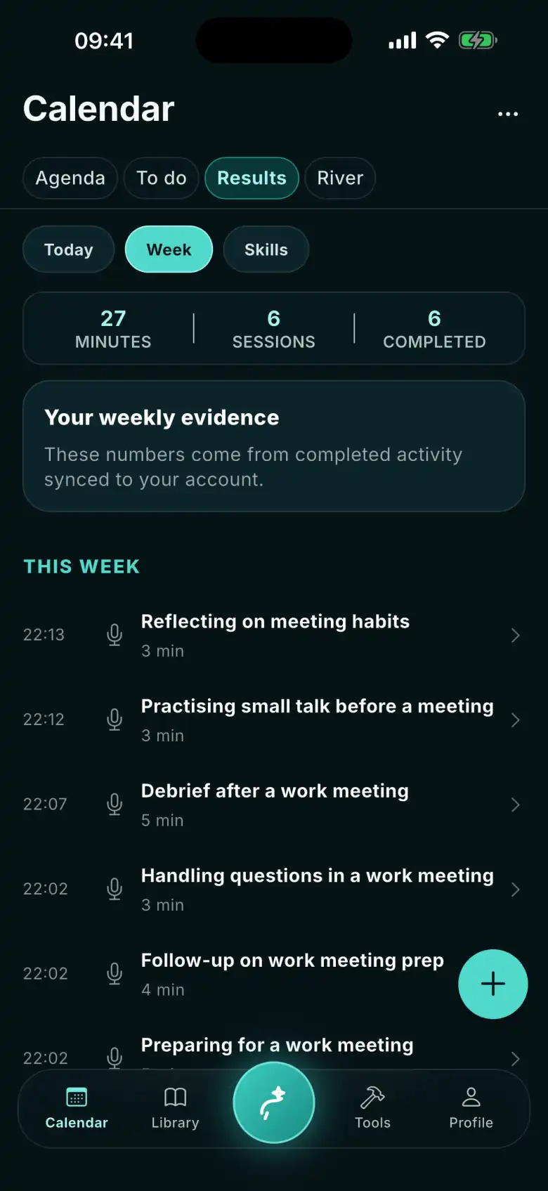 FizzUp calendar, Results → Week: 27 minutes, 6 sessions, 6 completed and a list of this week’s conversations