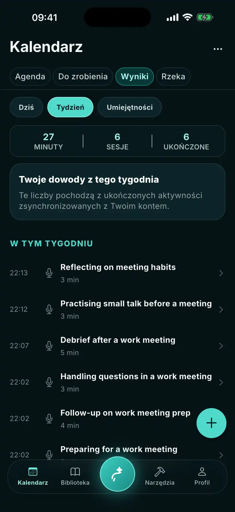 Kalendarz FizzUp, Wyniki → Tydzień: 27 minut, 6 sesji, 6 ukończonych i lista rozmów z tego tygodnia