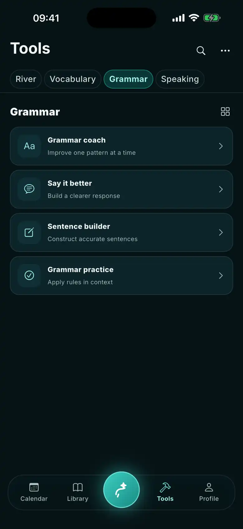 The FizzUp Tools tab: the tool families as tabs; under Grammar, Grammar coach, Say it better, Sentence builder and Grammar practice