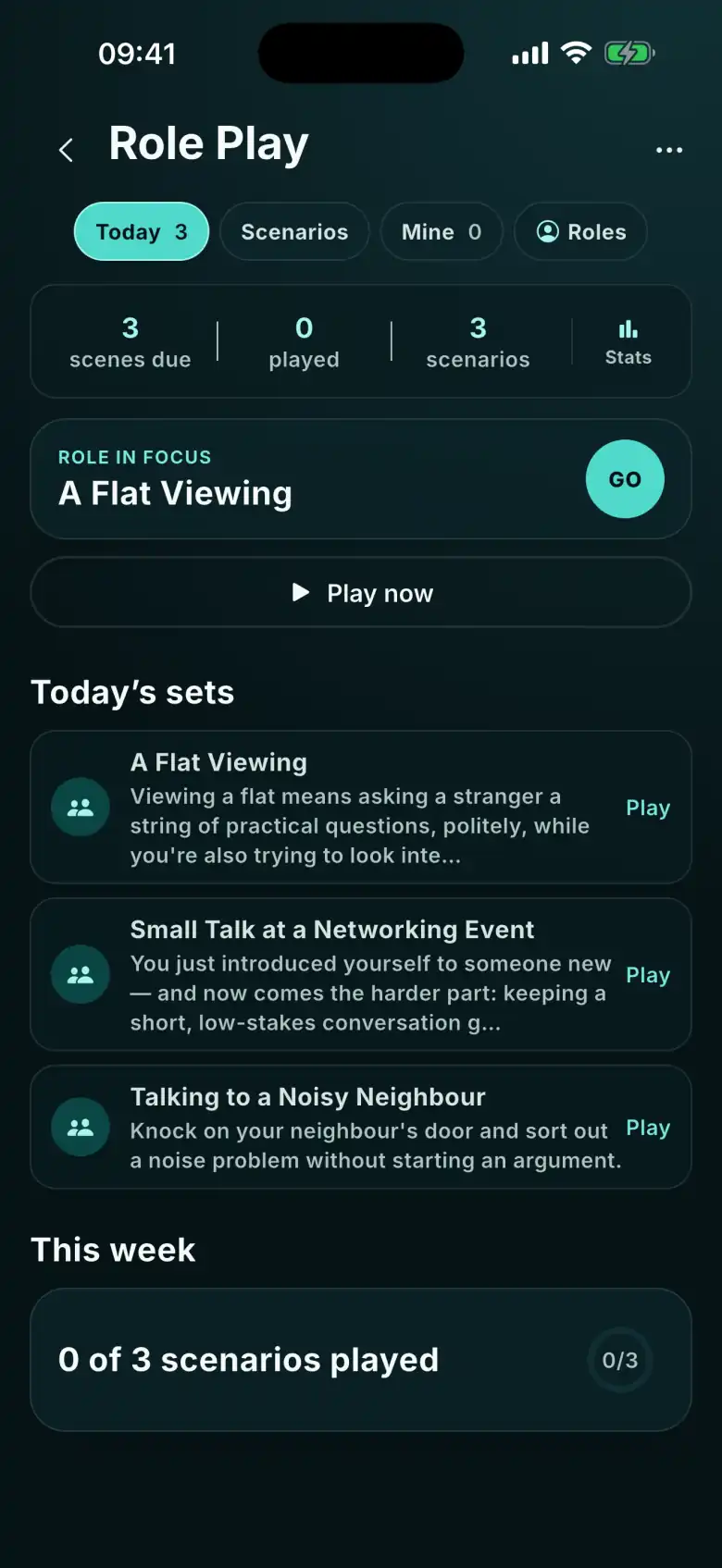 FizzUp Role Play: the role in focus, a Play now button and today’s sets of scenes, including Small Talk at a Networking Event
