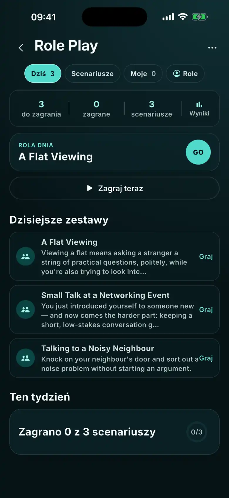 Role Play w FizzUp: rola dnia, przycisk Zagraj teraz i dzisiejsze zestawy scen — m.in. Small Talk at a Networking Event