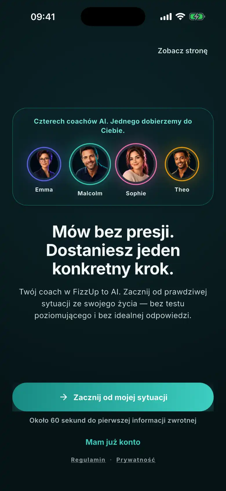Powitanie w aplikacji FizzUp: portrety Emmy, Malcolma, Sophie i Theo, hasło „Mów bez presji. Dostaniesz jeden konkretny krok.” i przycisk Zacznij od mojej sytuacji